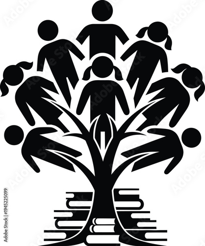 A group of Vector designed people sitting on and around a tree with books forming the base in a symbolic illustration.