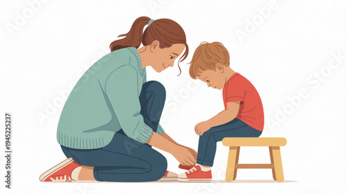 Woman helping young boy tie red shoelaces on a stool teaching parenting skills in a simple scene