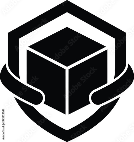 Vector graphic illustration of hands holding a cube inside a shield with a hexagonal outline