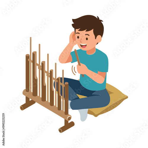 A boy sits on a mat using a traditional wooden loom to weave fabric threads with a focused expression.