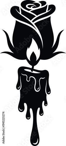 A vector illustration of a rose wrapped around a melting candle with dripping wax.
