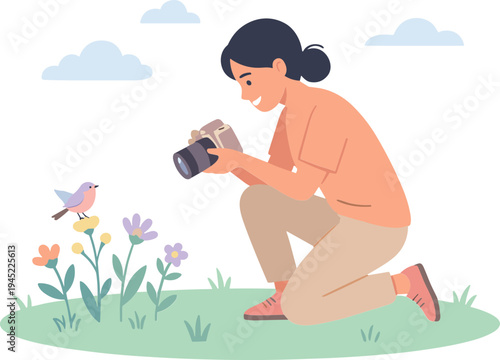 Woman takes photos of a bird on colorful flowers in the garden