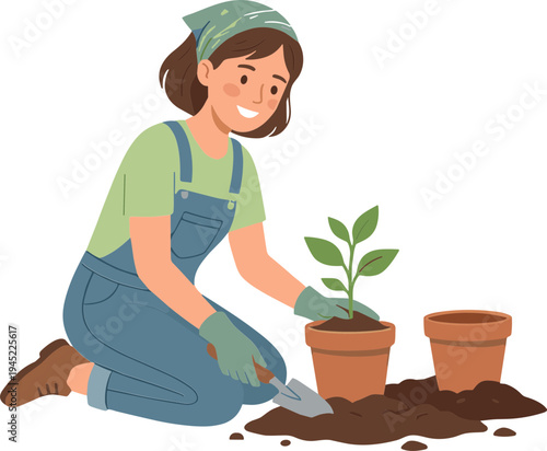 Woman gardening in yard with plants and tools outside