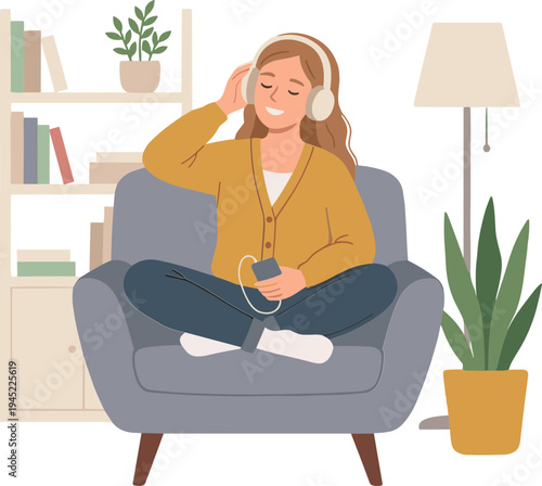 Woman sitting on chair wearing headphones listening to music with plants and books nearby