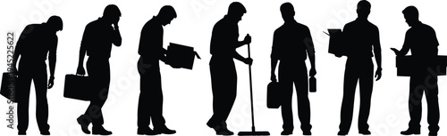 Silhouette sequence showing unemployment, job loss transition, career change, worker packing belongings, dejected employee, manual labor, economic hardship illustration