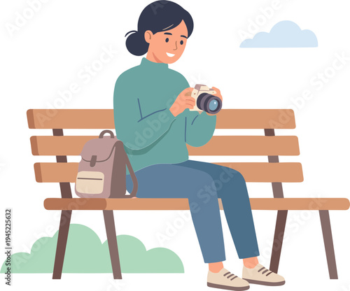 Woman sits on bench holding camera with backpack beside her.