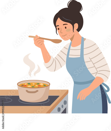 Woman cooking in kitchen with pot and spoon stirring food on stove.