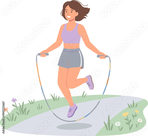 A woman jumps rope on a path in a park with flowers and grass.