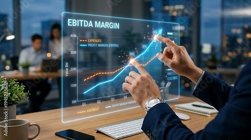 Businessman Analyzing EBITDA Margin Growth on Futuristic Holographic Display.