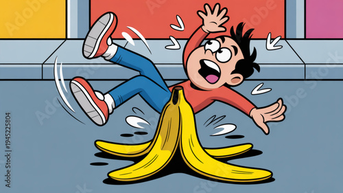 Boy slipping and falling on a pile of bananas on the floor in a colorful room with a shocked expression