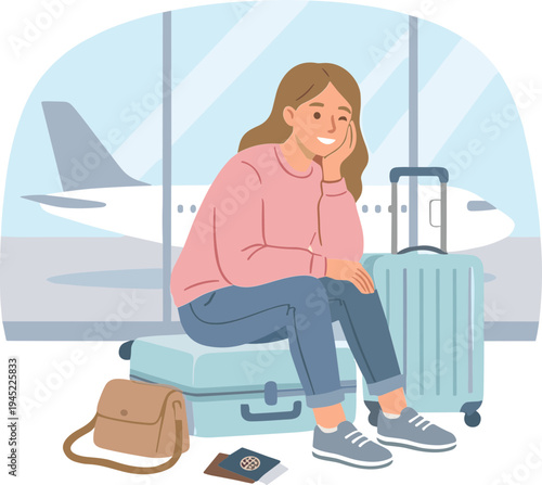 Woman waits at airport with luggage and travel documents nearby.