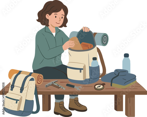 Woman Prepares Hiking Backpack on Wooden Bench Outdoors