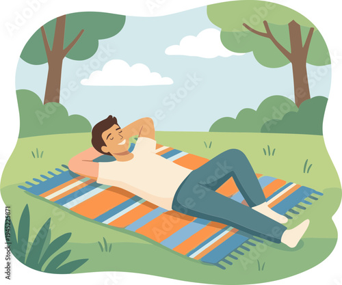 Man relaxing on a colorful blanket in a serene park landscape with trees.