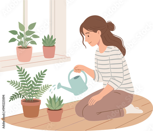 Woman watering plants on wooden floor by window sill with pots
