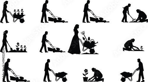 Silhouette set of people gardening mowing lawn and planting flowers with wheelbarrow lawnmower rake and shovel for landscaping and backyard.