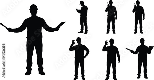 Silhouettes of construction workers wearing hard hats, performing tasks with documents, walkie talkies, gestures, teamwork, industrial communication, planning roles