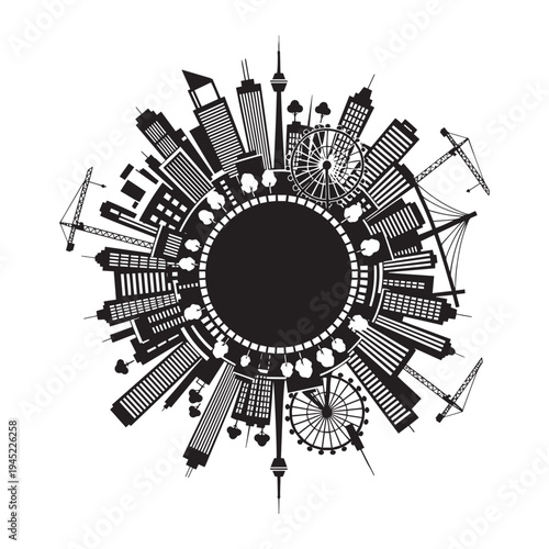 Creative circular city design featuring skyscrapers and Ferris wheel in a vector illustration.