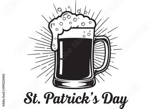 Mug of dark beer with overflowing foam and rays, stylized for St. Patrick's Day celebrations and Irish culture