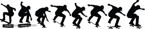 Skateboarder performing ollie trick sequence, silhouette motion illustration, skateboarding technique breakdown, balance physics concept, urban sport activity depiction