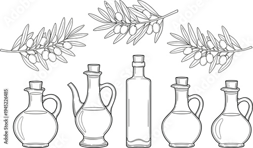 Black and white illustration of five olive oil bottles with decorative branches, showcasing diverse container designs and natural origin concept for culinary artwork