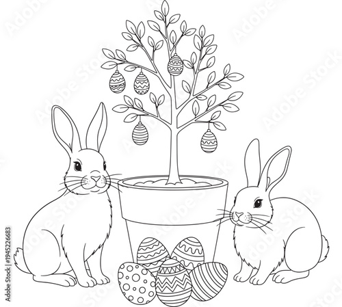 Easter bunnies and decorated eggs beneath a potted tree, perfect for coloring and seasonal celebrations.