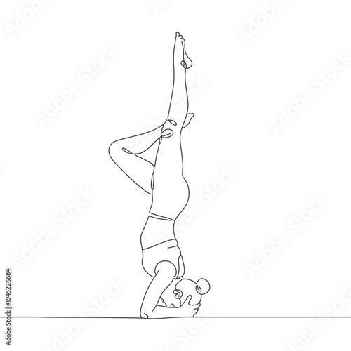 Line art illustration of a woman performing a headstand yoga pose