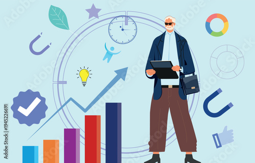 Modern Corporate Leadership Concept with Growth Arrow and Time Management.eps