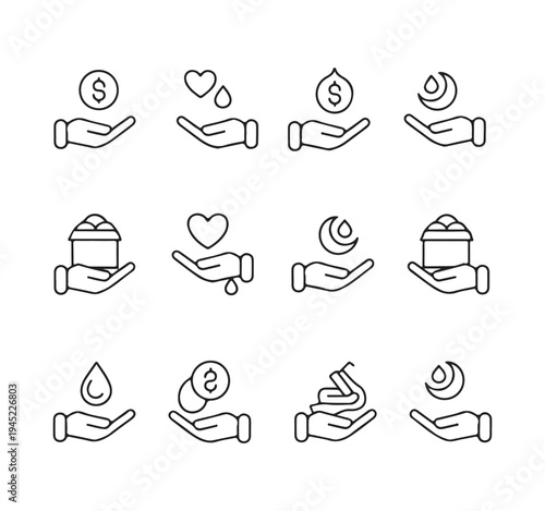 Collection of twelve outline icons for donation charity support money love and resource giving