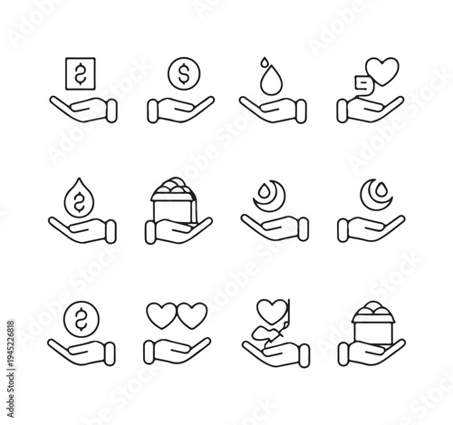Set of twelve thin line icons illustrating giving help finance charity love care and donation concept
