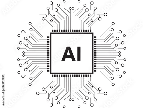 Chip computer with AI text and radial circuit board connections, abstract technology illustration featuring AI, artificial intelligence, microchip