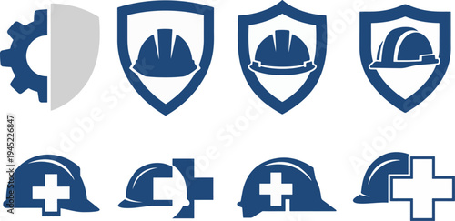 Vector icons for industrial and construction safety, health, and protection. Featuring hard hats, shields, and medical crosses for workplace security design