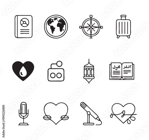 Muslim travel and spiritual life icons including quran globe compass microphone and wedding rings