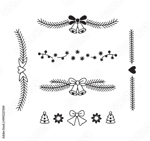 Christmas bells, fir branches, stars, snowflakes and bow vector borders and dividers decoration