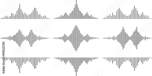 Black and white illustration of nine waveform visualizations arranged in grid, representing audio signals, sound amplitude variations, data analysis, and signal processing design artwork
