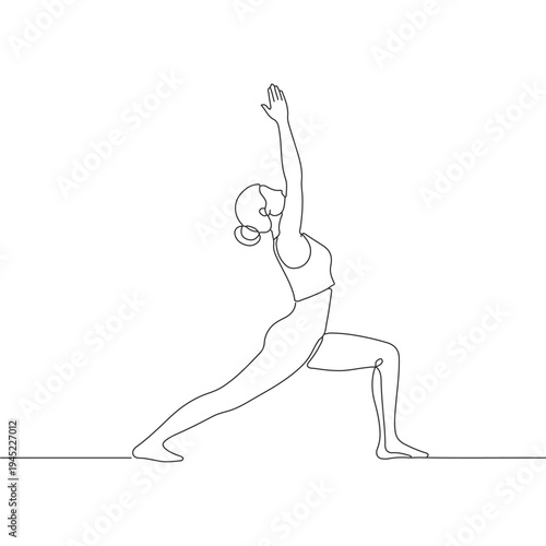 Minimalist line drawing of woman practicing yoga warrior pose