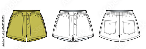 Utility Wide-Leg Button-Fly Trousers Shorts Fashion Technical Sketch - Utility Shorts with Button Fly, Drawstring Waist, and Button-Down Back Pockets CAD Template