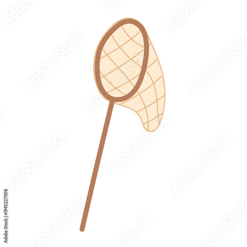 Simple fishing net illustration with wooden handle, seaside tool for catching fish, marine activity concept for beach lifestyle, ocean hobby, coastal recreation and nautical themes.