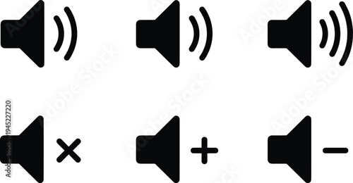 Black and white illustration of six speaker icons showing audio controls including mute, volume increase, volume decrease, and sound wave levels for digital interface design