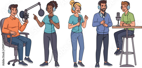 Vector illustration set of diverse people recording podcasts and broadcasting using professional microphones and headphones in a studio isolated on white background.
