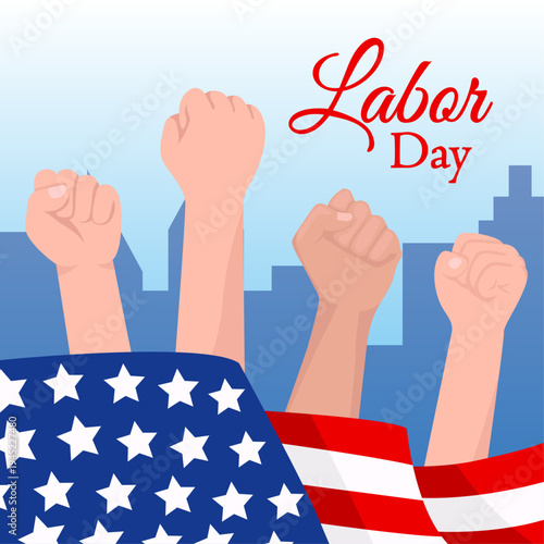 Labor Day celebration with raised fists and American flag on city background