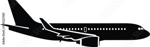 Black and white silhouette illustration of modern commercial airplane side profile with fuselage, wings, engines, and windows representing aviation, air travel, and transportation design artwork