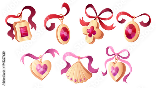 Golden locket collection with pink ribbons, elegant bows and precious gems. Vintage heart and oval, rectangle and scallop shell shaped pendants with delicate lace and whimsical coquette design.