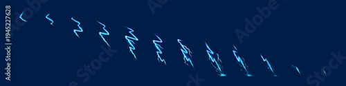 Thunder effect animation frames with bolt strikes and comic energy on dark background. Manga style vector lightning sprites with blue power sparks and electric thunder discharge for game design.