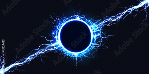 Energy burst with glowing blue thunder ring and electric plasma ball on dark background. Powerful neon effect - magic portal with bright sparks and lightning bolts in abstract realistic 3d vector.