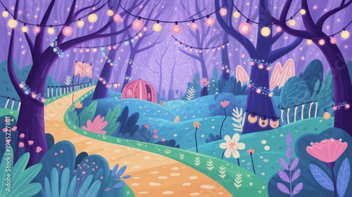 Whimsical forest path with string lights flowers and foliage at dusk evoking magic and wonder