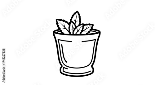 Hand-drawn illustration of mint leaves in a glass, simple line art, fresh herb icon