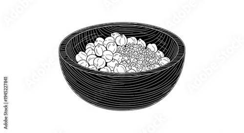 Hand-drawn illustration of chickpeas in a wooden bowl, isolated on white background.