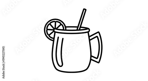 Hand-drawn outline of a mug with a straw and lemon slice, perfect for summer drinks.