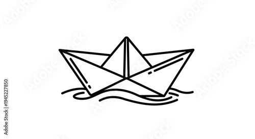 Hand-drawn paper boat floating on wavy water, simple line art illustration