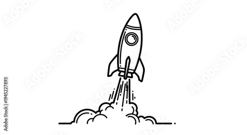 Hand-drawn rocket launching into space with smoke and clouds, simple line art illustration
